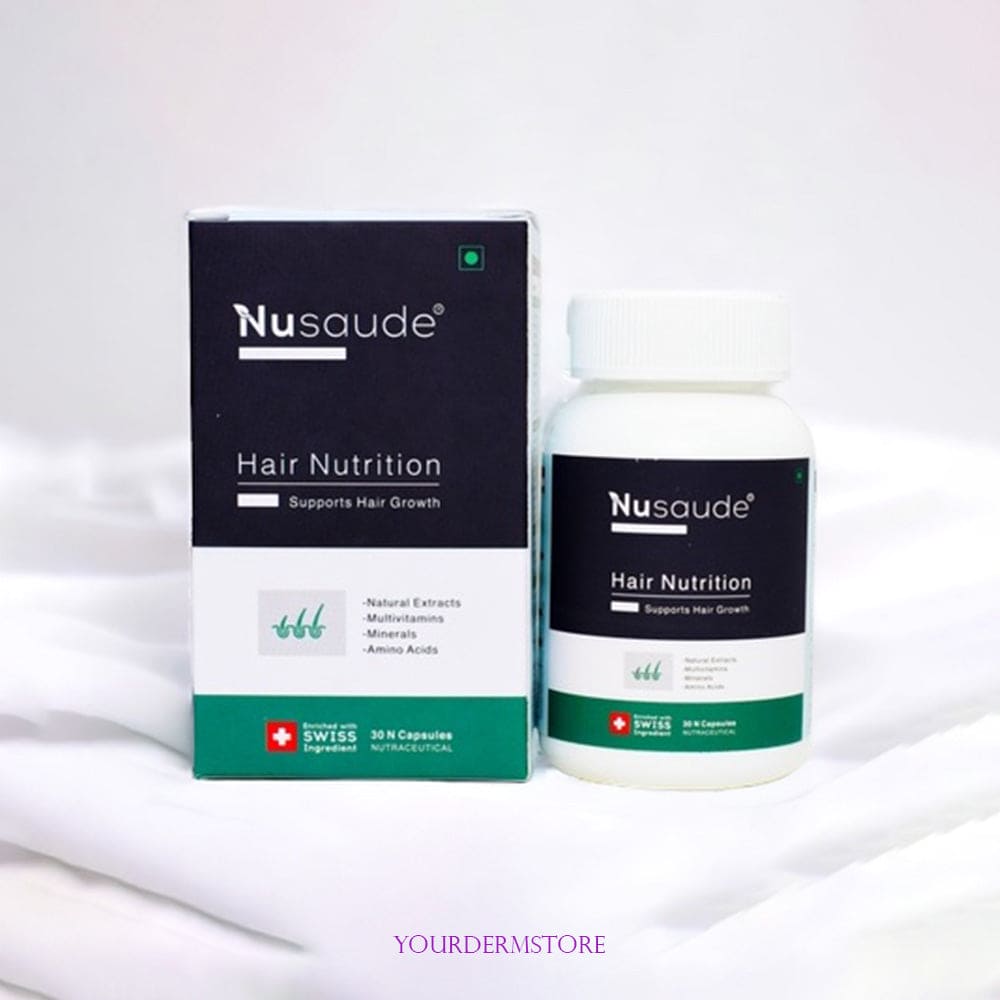 "Transform your hair care routine with Nusaude Hair Tablets! Featuring a stylish bottle and vibrant hair strands, this image represents the key to combating hair loss and restoring vitality."
