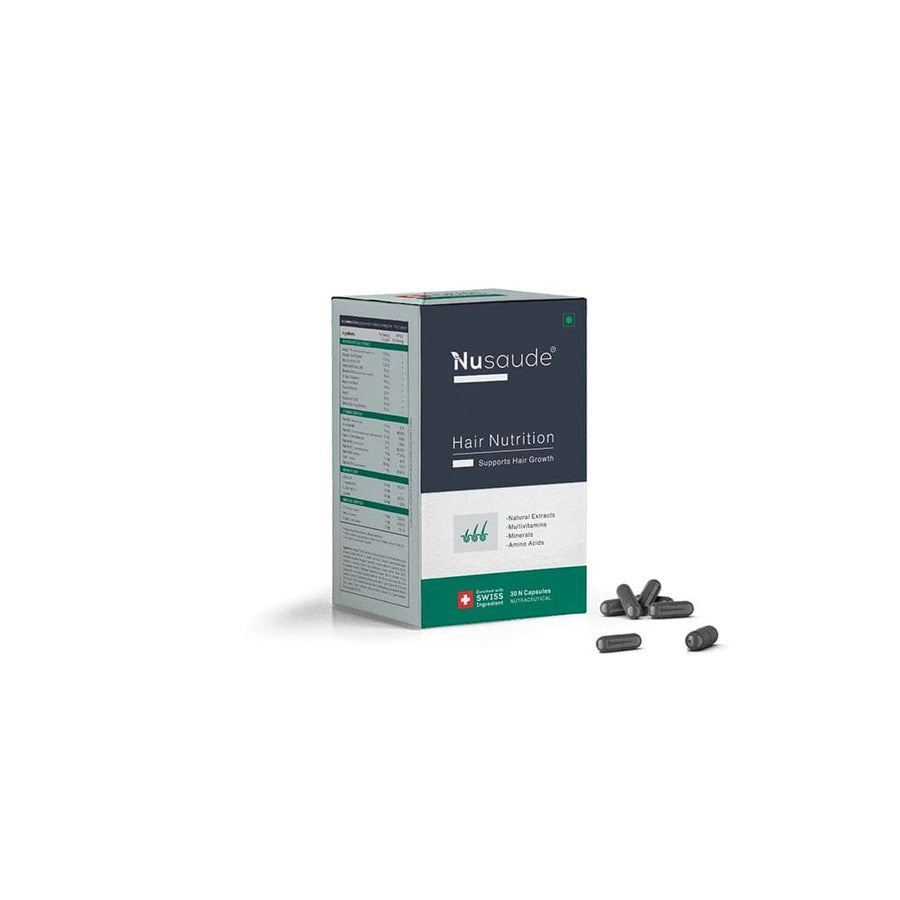 "Image showing a sleek bottle of Nusaude Hair Tablets with vibrant hair strands, symbolizing effective hair loss defense and revitalized hair vitality."