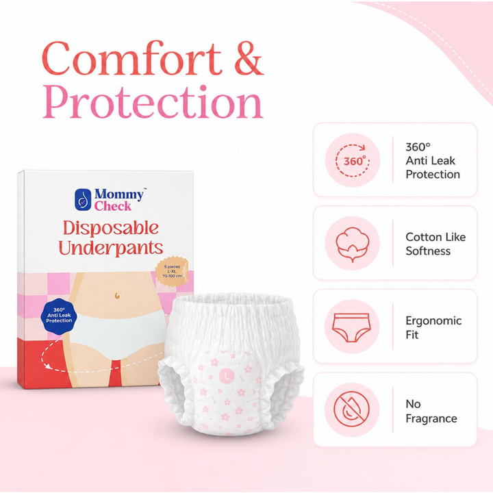 Mommy Check Disposable Postpartum Underwear for C-Section & Normal Delivery Recovery | 360° Leak Protection | Size L-XL (70-100 cm)
