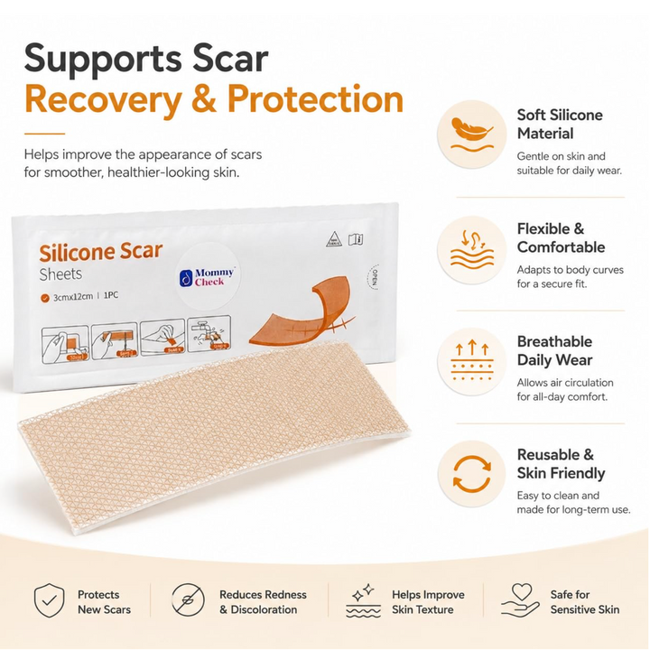 Mommy Check Silicone Scar Sheets for C-Section & Surgical Scar Reduction (Reusable, Medical-Grade, Skin-Friendly)